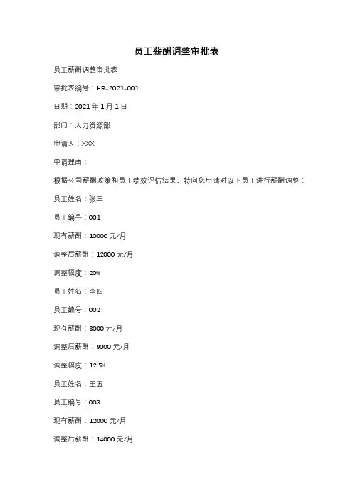 员工薪酬调整审批表