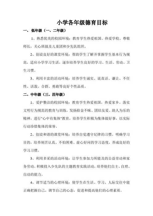 小学各年级德育目标