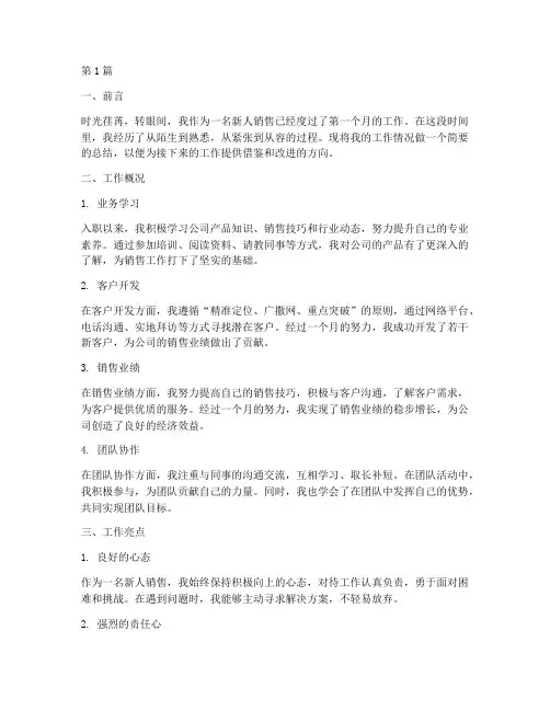 新人销售月工作总结范文(3篇)