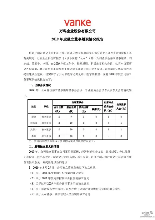 万科A：2019年度独立董事履职情况报告