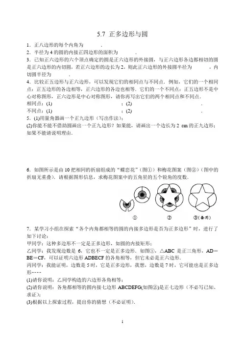 九上 圆  5.7 正多边形与圆含答案