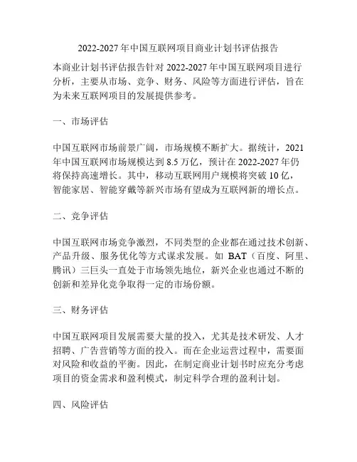 2022-2027年中国互联网项目商业计划书评估报告