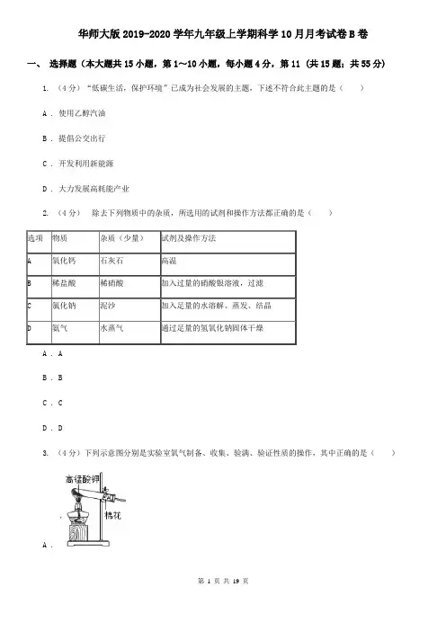 华师大版2019-2020学年九年级上学期科学10月月考试卷B卷