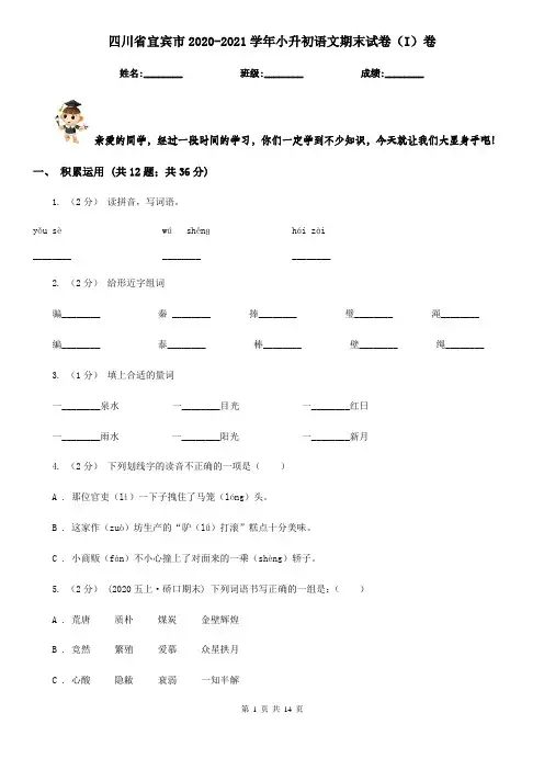 四川省宜宾市2020-2021学年小升初语文期末试卷(I)卷