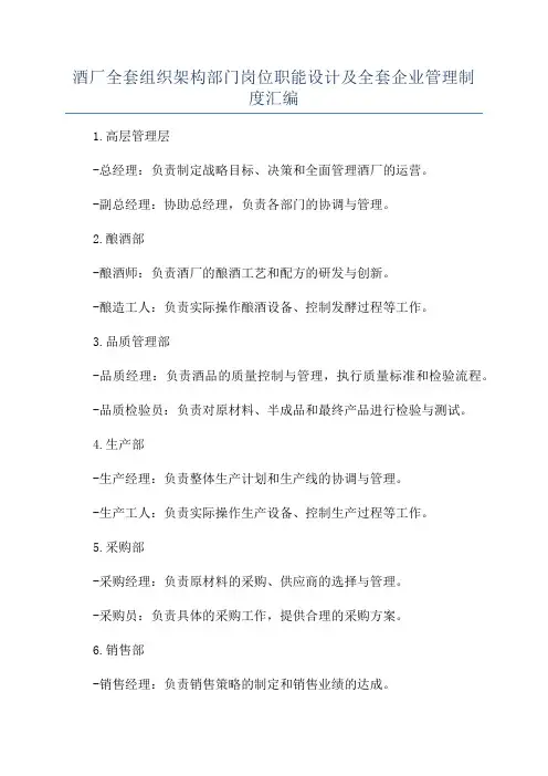 酒厂全套组织架构部门岗位职能设计及全套企业管理制度汇编
