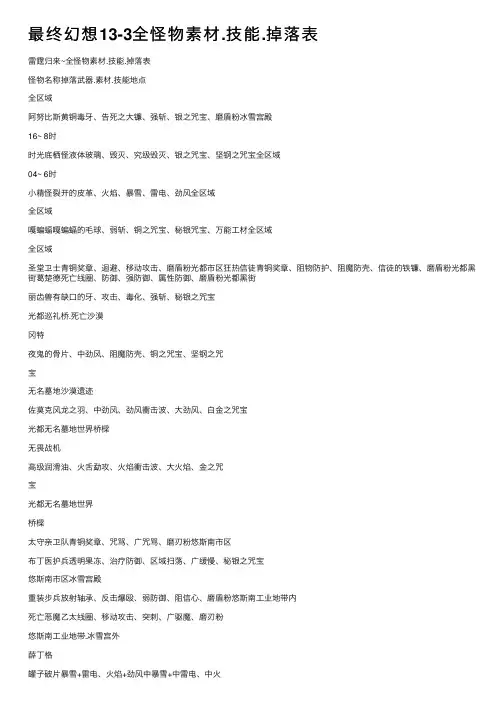 最终幻想13-3全怪物素材.技能.掉落表