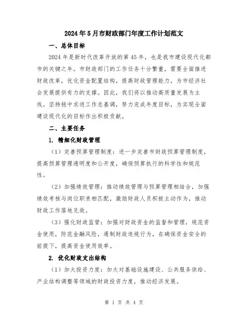 2024年5月市财政部门年度工作计划范文