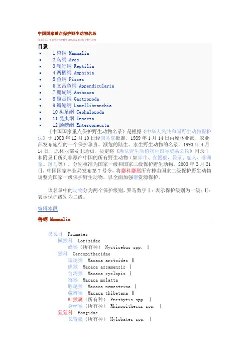中国国家重点保护野生动物名录