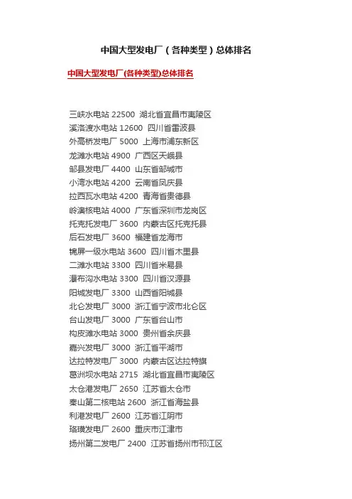 中国大型发电厂（各种类型）总体排名