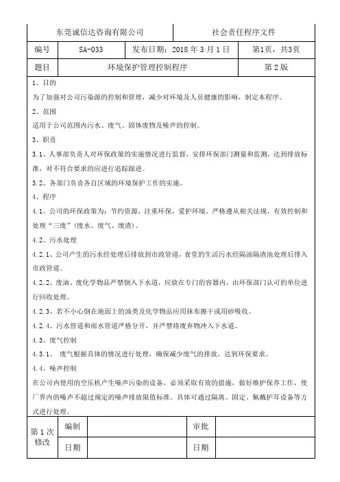 SA-033环境保护管理控制程序2018