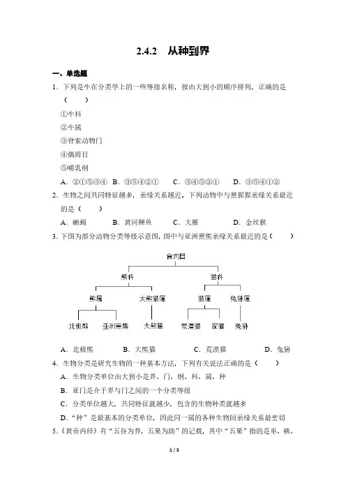 生物人教版(2024新教材)七年级初一上册2.4.2 从种到界 课时练含答案(1)