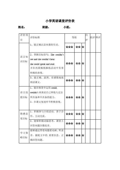 小学英语课堂评价表(陈洪丽)