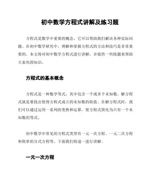 初中数学方程式讲解及练习题