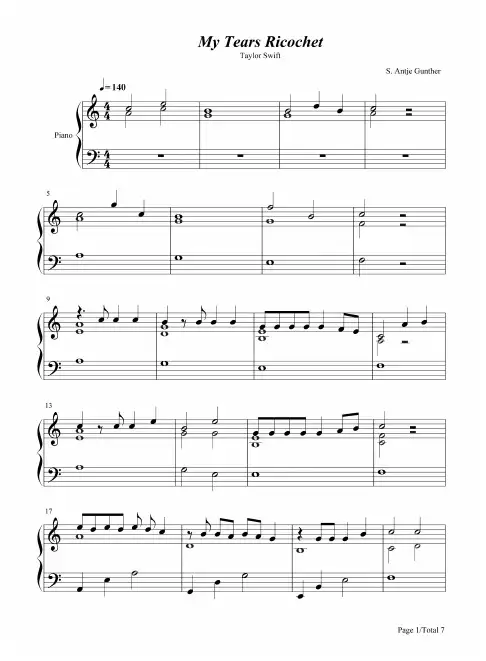 钢琴谱 My Tears Ricochet-Taylor Swift 五线谱_共7张(全)