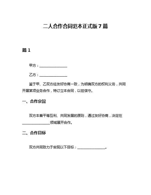 二人合作合同范本正式版7篇