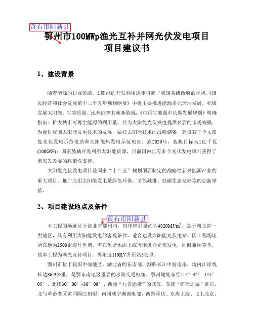 黄石市阳新县100MWp渔光互补并网光伏发电一期项目-项目建议书