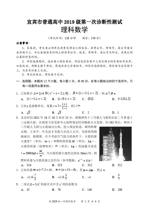 宜宾市高2019级2021年高三一诊理科数学试题