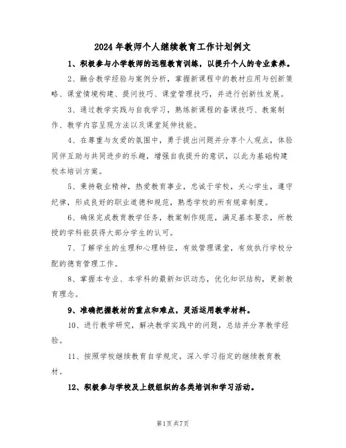 2024年教师个人继续教育工作计划例文（五篇）