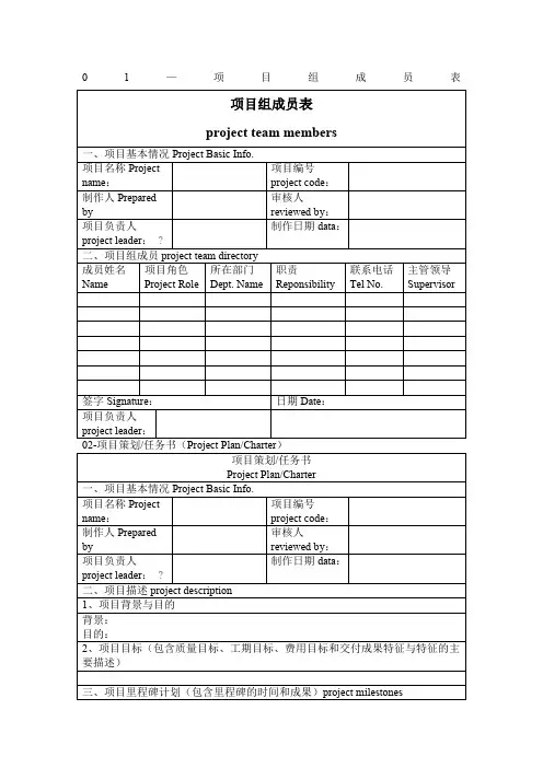 项目管理主要表格