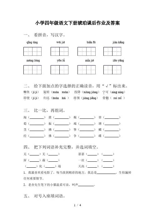 小学四年级语文下册琥珀课后作业及答案