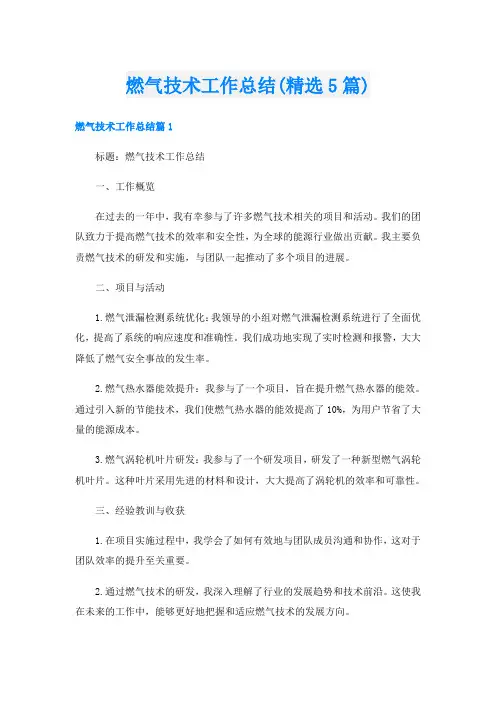 燃气技术工作总结(精选5篇)