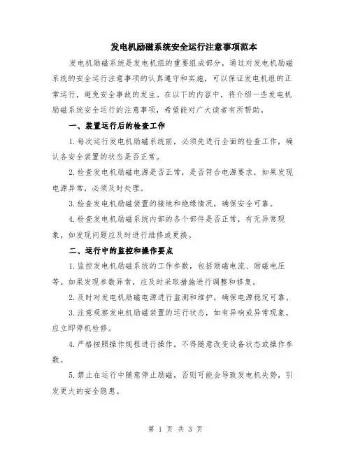 发电机励磁系统安全运行注意事项范本