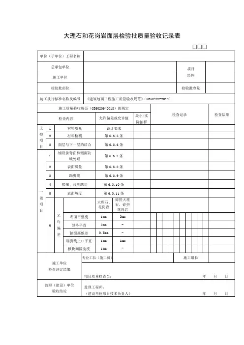 大理石和花岗岩面层检验批质量验收记录表