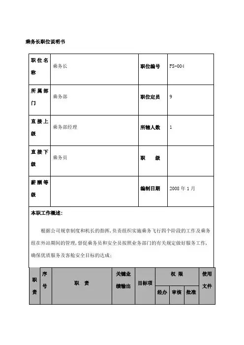 航空物流公司乘务长职位说明书及关键绩效标准