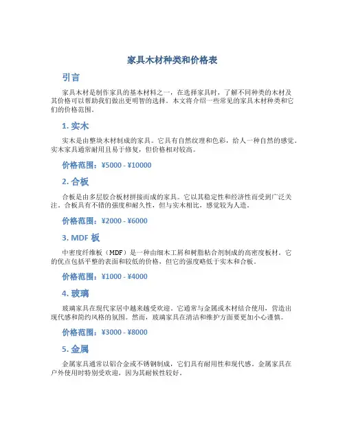 家具木材种类和价格表