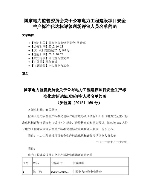 国家电力监管委员会关于公布电力工程建设项目安全生产标准化达标评级现场评审人员名单的函