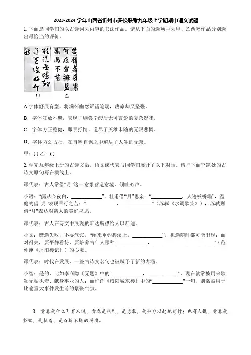 2023-2024学年山西省忻州市多校联考九年级上学期期中语文试题