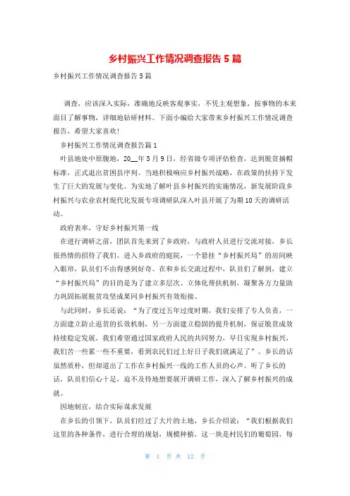 乡村振兴工作情况调查报告5篇