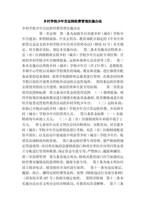 乡村学校少年宫运转经费管理实施办法（精简篇）