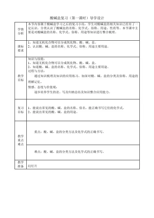 2020-2021学年九年级化学人教版(五四学制)酸碱盐复习  教案  
