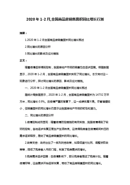 2020年1-2月,全国商品房销售面积同比增长行测