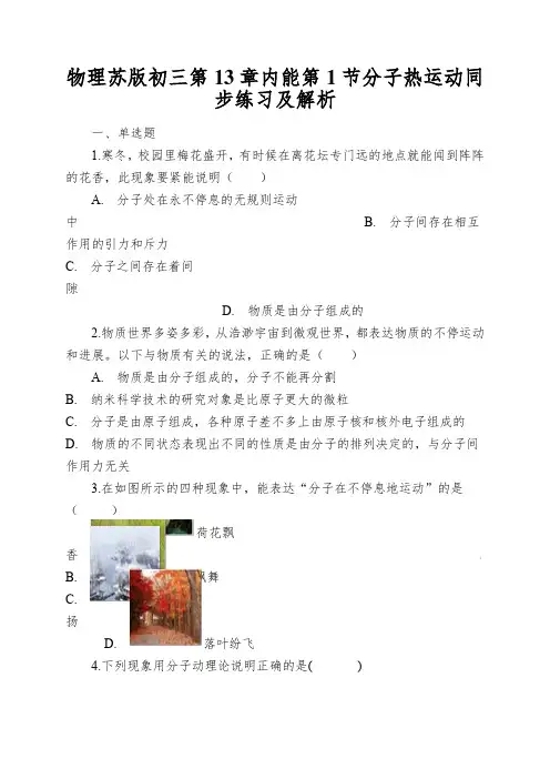 物理苏版初三第13章内能第1节分子热运动同步练习及解析