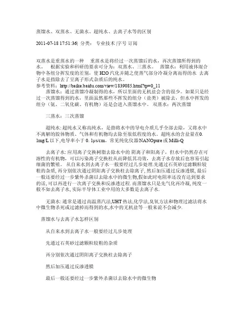 蒸馏水、双蒸水、无菌水、超纯水、去离子水等的区别
