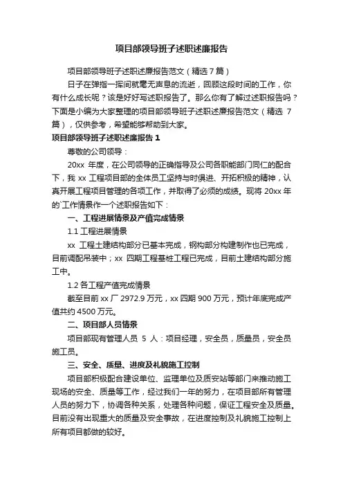 项目部领导班子述职述廉报告范文（精选7篇）