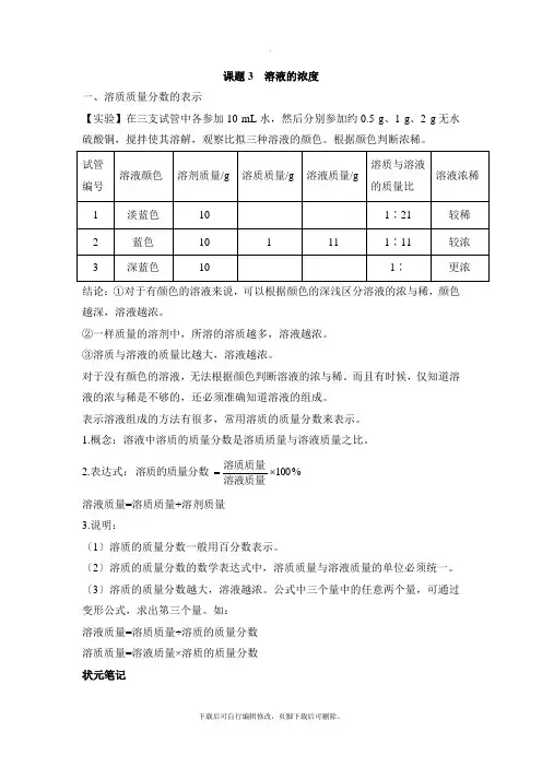 人教版化学九年级下册9.3《溶液的浓度》知识总结