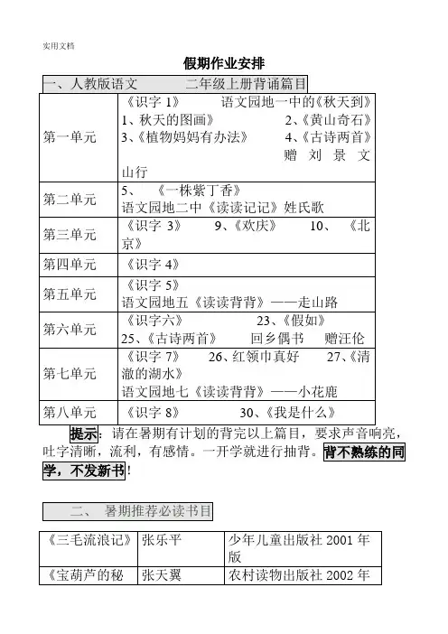 一年级下册假期作业安排表格