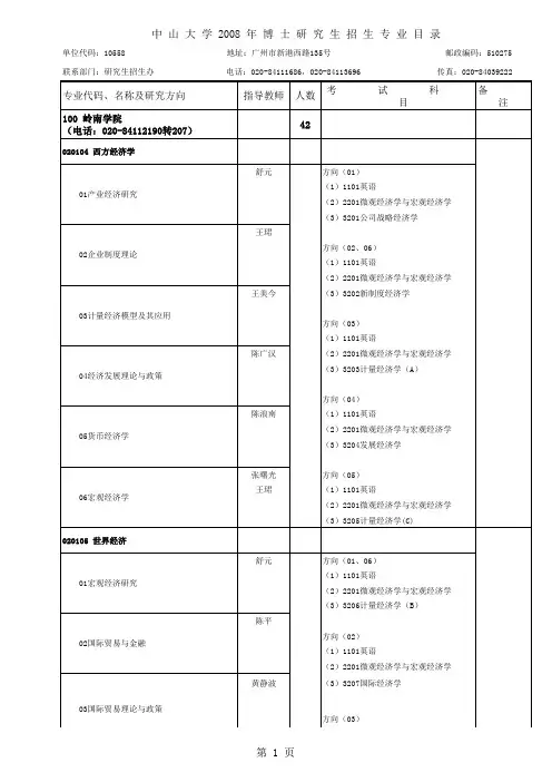 中 山 大 学 2008 年 博 士 研 究 生 招 生 专 业 目 录