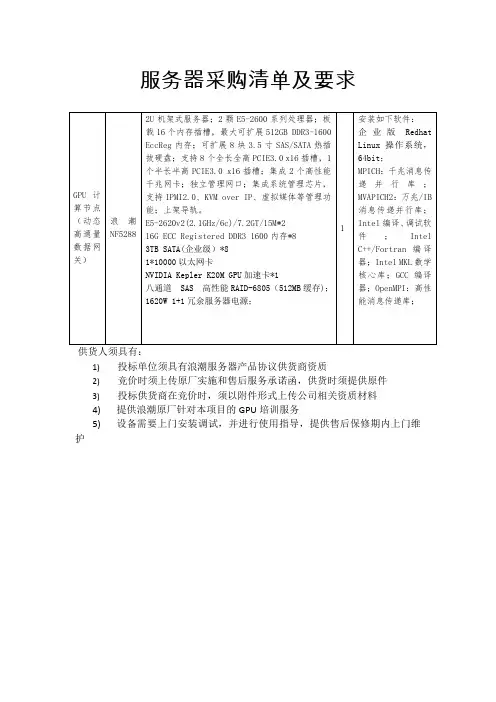 服务器采购清单及要求