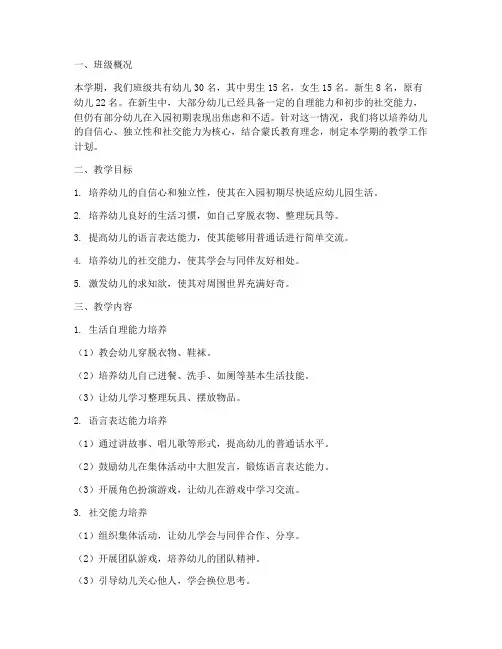 小班蒙氏学期教学工作计划