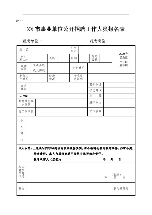 XX市事业单位公开招聘工作人员报名表【模板】