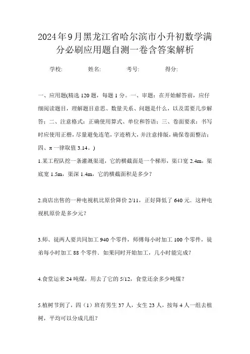 2024年9月黑龙江省哈尔滨市小升初数学满分必刷应用题自测一卷含答案解析