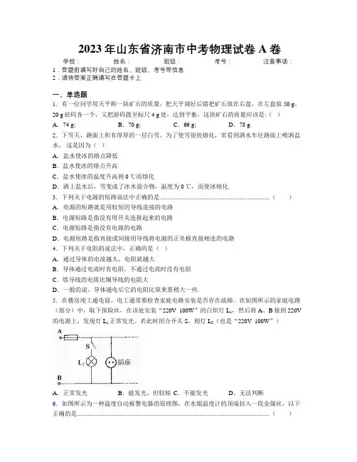 2023年山东省济南市中考物理试卷A卷及解析
