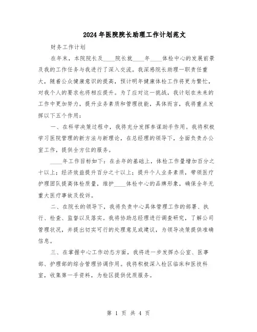 2024年医院院长助理工作计划范文（二篇）