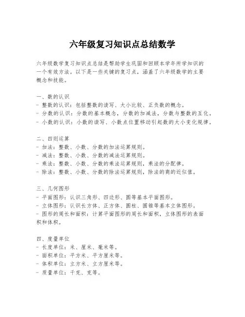 六年级复习知识点总结数学