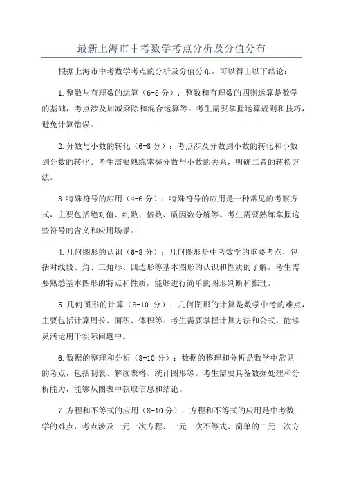 最新上海市中考数学考点分析及分值分布