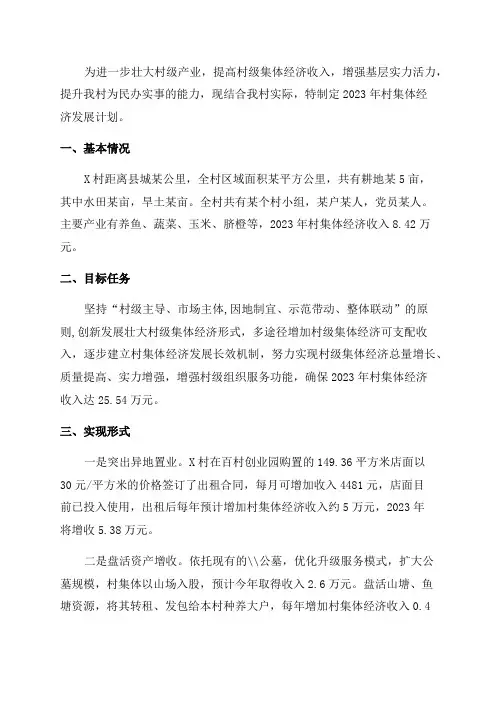 乡村2023年村级集体经济发展计划9篇